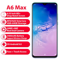 Elephone A6 Max 6.53'' Drop Notch Screen 20MP Camera Fingerprint MT6762V Smartphone Support NFC Wireless Charging Global Phone